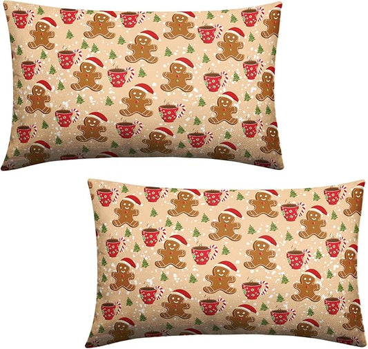 Christmas Gingerbread Lumbar Pillow Covers 12x20 Set of 2 Cute Gingerbread Cafe Xmas Tree Rectangle Throw Pillow Cover Christmas Orange Pillow Case for Home Couch Sofa Winter Decoration