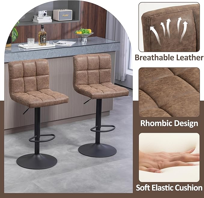 Finnhomy Bar Stools Set of 2 Counter Height, Swivel Barstools with Footrest and L Shape Thicken Cushion Back, Height Adjustable Modern Bar Chairs, Vintage Leather, Retro Brown
