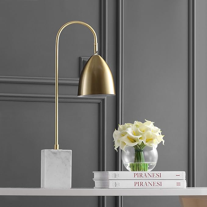 JONATHAN Y 26" Brass Gold Arched Metal Table Lamp with White Marble Base, Modern Glam Desk Lamp for Living Room, Bedroom or Home Office, LED Bulb Included JYL1092A