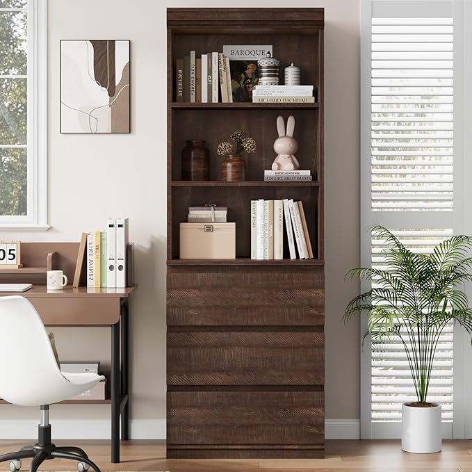 IDEALHOUSE 70" H Bookcase with 3 Storage Drawers,Tall Bookshelf w/ 3-Tier Open Shelf, Morden Storage Bookcase Wooden Deep Bookshelves Storage Cabinet Organizer for Library Office Living Room (Brown)