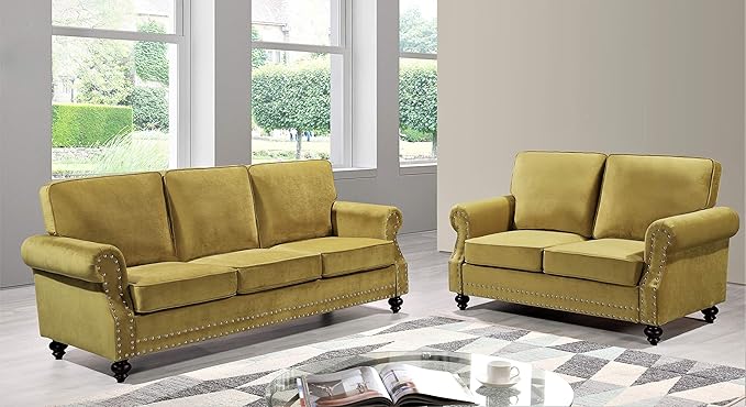 Container Furniture Direct Lotus Mid Century Modern Velvet Upholstered Living Room Rolled Arms, Loveseat, Strong Yellow