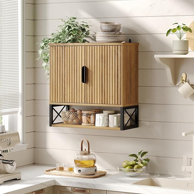 Fluted Bathroom Wall Storage Cabinet with Open Shelf, Floating Wall Mounted Medicine Cabinet with Adjustable Shelves, Over The Toilet for Bathroom, Laundry Room, Kitchen, Natural Oak