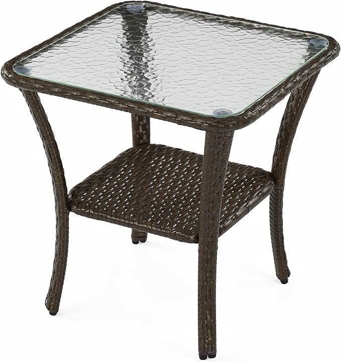Tribesigns Outdoor Wicker Furniture Set, Patio Wicker Side Table with Tempered Glass Top