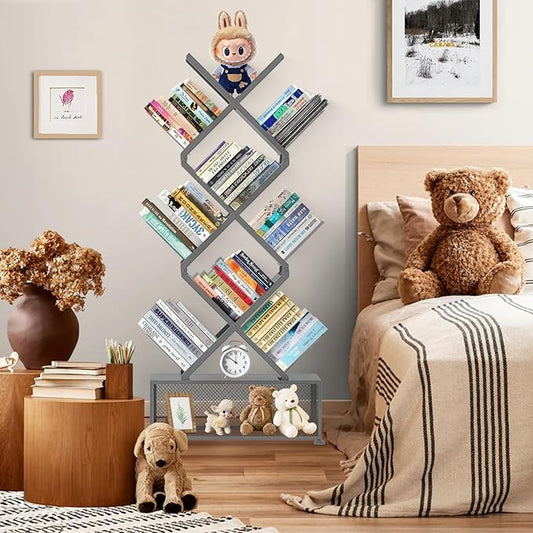 HI NINGER Tree Bookshelf,9 Tier Folding Bookshelf with Storage Cabinet, Tall Narrow Bookshelves Organizer,Bookcase Tower,Tall Floor Standing Book Organizer for Living Room/Bedroom/Home Office/Corner