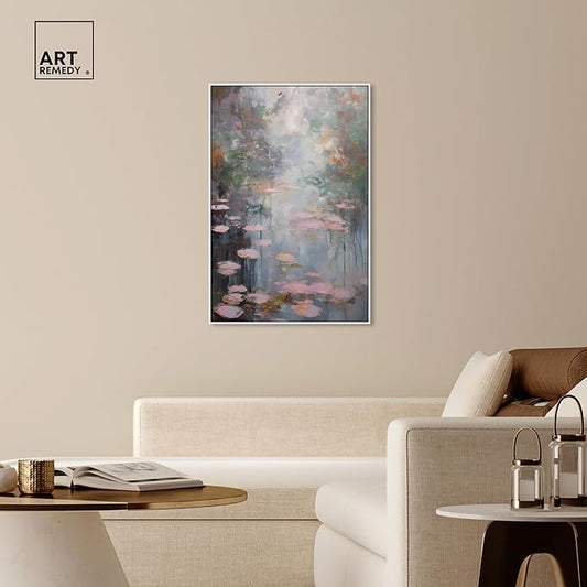 Art Remedy Pink Impressionisty Lilypads Framed Impressionism 1 Piece Canvas Wall Art/Monet And Van Gogh Inspired Art, 31" x 46", White Frame