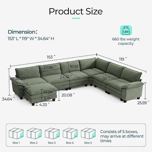 LINSY HOME Modular Sectional Sofa Couch Corduroy Cloud Couches for Living Room, U-Shaped Cloud Couch Sectional Sofas for Bedroom and Apartment, Green
