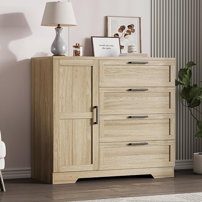 IDEALHOUSE 43.3'' H Armoire Wardrobe Closet with 4 Drawers and Hanging Rod, Multifunctional Wood 4 Drawers Dresser with Storage Closet, Clothing Storage Cabinets for Bedroom, Natural Oak
