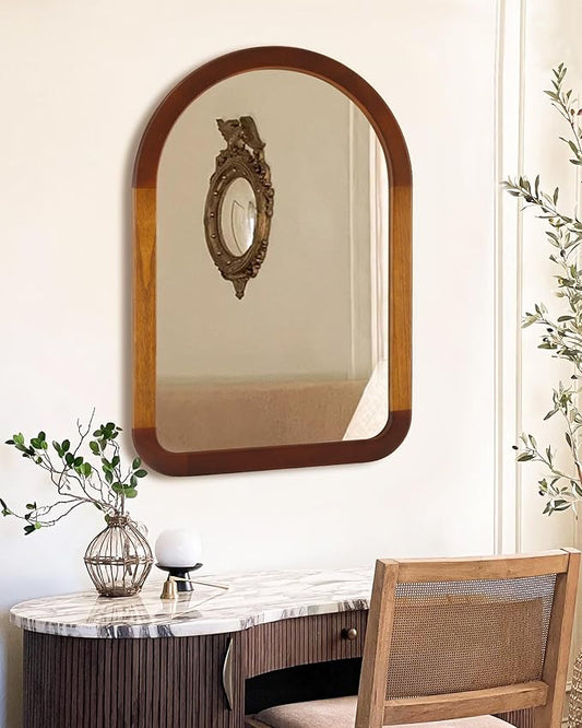 Arched Mirror 24 x 36 Inch,Brown Wood Rustic Bathroom Tempered Wall Mirror with Wood Frame,Round Corner Arch Farmhouse Wooden Vanity Mirror for Living Room,Entryway or Bedroom(Walnut Brown)