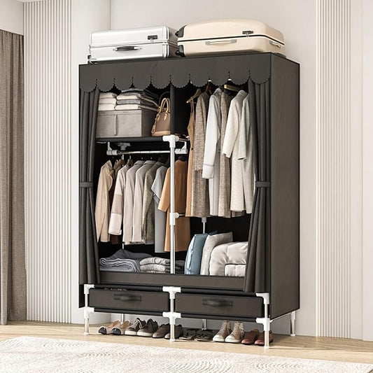 Portable Wardrobe Closet for Bedroom, Small Storage Organizer with 2 Drawers and 2 Hanging Rods, Includes Dust Cover.(Brown, 39.3 in)