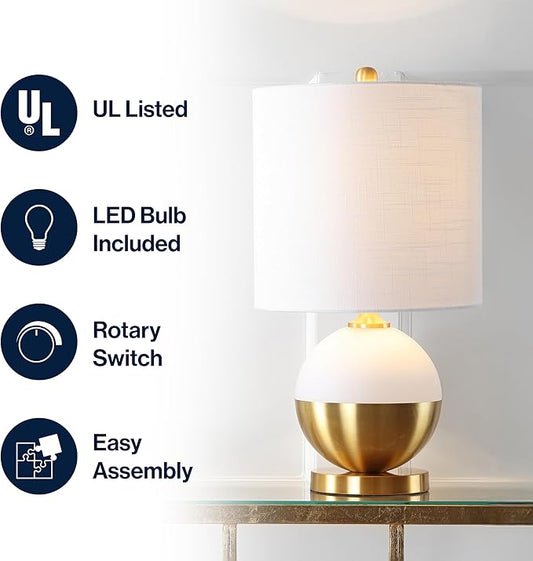 JONATHAN Y 23.5" White and Brass Gold Ceramic Table Lamp, Modern Glam Nightstand Lamp for Bedroom Living Room, White Linen Drum Shade, LED Bulb Included JYL5005A
