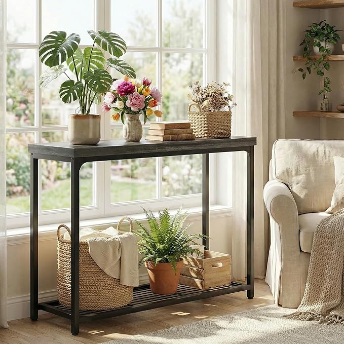 32" Small Console Table, 2-Tier Narrow Entryway Table, Sofa Table with Mesh Shelves, Console Tables for Living Room, Hallway, Entryway, Farmhouse Console Table with Storage, Oak Grey