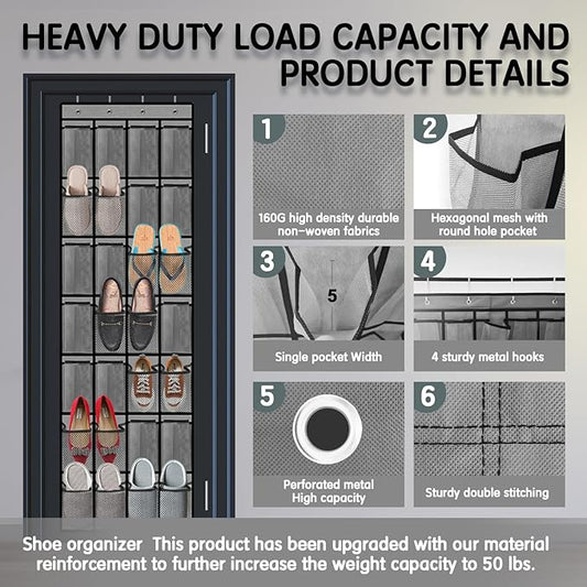 28 Compartment Over the Door Shoe Organizer, Breathable Mesh Large Shoe Rack for Closet Storage, Space Saving Hanging Shoe Holder with Reinforced Hooks (Fits Men & Women,Gray-01)