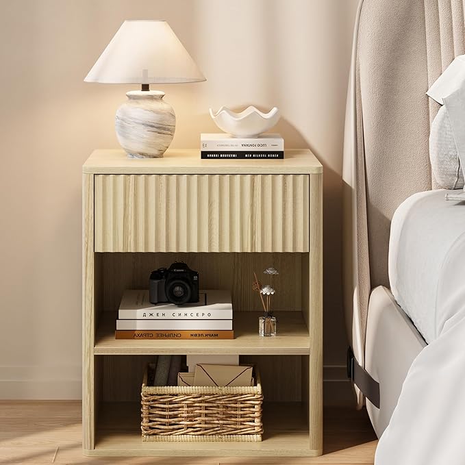 Nightstand Bedside Table Storage Drawer - Large Mid Century Modern Night Stand with Fluted Wood Drawer and Open Shelf Bed Side Table for Bedroom Study Room, Natural Oak, Set of 1
