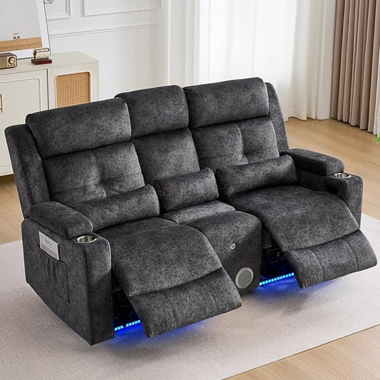 RV Power Loveseat Recliner Sofa with Console|RV Reclining Loveseat with Bluetooth Speaker & LED Light | RV Wall Hugger Double Recliner Loveseat Sofa 3 Pillows (Velvet Gray) | LED Light, Double Seat, Hidden Storage, Comfy Velvet