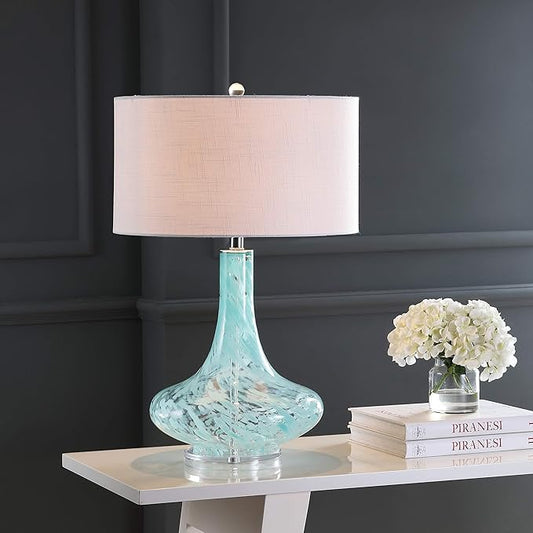 JONATHAN Y 29" Ice Blue Teardrop Glass LED Table Lamp, Contemporary Gourd Lamp with White Linen Drum Shade and Chrome Base for Living Room Bedroom, LED Bulb Included JYL2001A
