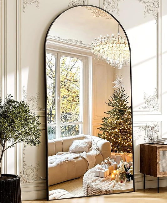 GLSLAND-34x76 inch Wall Mount Arched Full Length Mirror-Aluminum Alloy Frame High Definition-Full Body Mirror for Bedroom or Living Room,Black