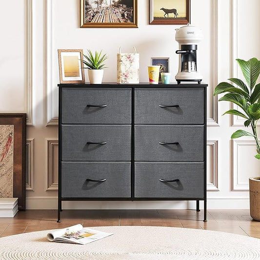 6-Drawer Dresser for Bedroom, Anti-Tip Wide Storage Organizer Chest of Drawers with Wooden Top and Metal Frame Fabric Bins for Closet, Living Room, Hallway, Entryway, Gray