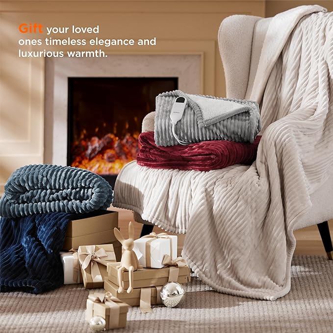 Bedsure GentleSoft Heated Blanket Electric Throw - Soft Ribbed Flannel Electric Blanket, Heating with 4 Time Settings, 6 Heat Settings, and 3 hrs Timer Auto Shut Off (50x60 inches, Coconut White)