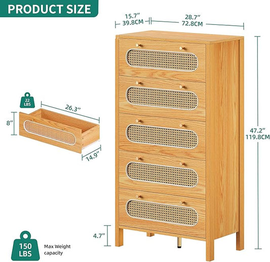 YITAHOME 47" Tall Buffet Sideboard Cabinet 5 Drawer Dresser, Boho Chest of Drawers with Golden Handles, Wood Storage Cabinet for Hallway, Entryway, Hold up to 300lbs - Oak