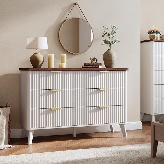 Garvee 6 Drawers Dresser for Bedroom, 47.2" Wide Dressers with Curved Profile Design, Fluted Wood Drawers with Gold Handle, Modern Chest of Dressers with Thickened Design for Living Room, White
