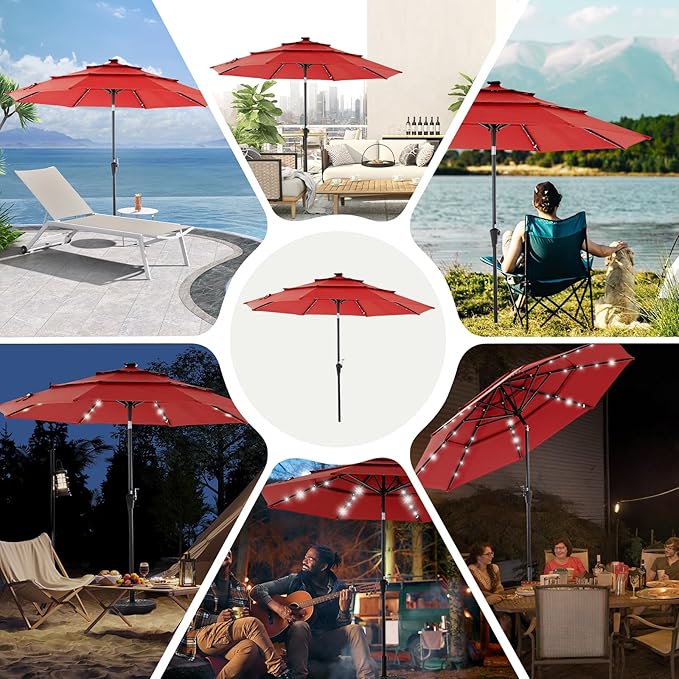 DUMOS 10FT 3-Tier Outdoor Patio Umbrella with 32 LED Lights & Crank, 8 Sturdy Ribs Table Umbrella for Pool, Market, Terrace, Beach and Outdoor Restaurant, Scarlet
