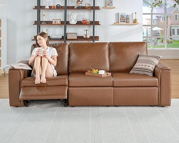 AMERLIFE Dual Power Recliner, Reclining Sectional Couch with Console, Loveseat Anti-Scratch Leathaire Modular Couch with Cup Holder& USB Port, Brown
