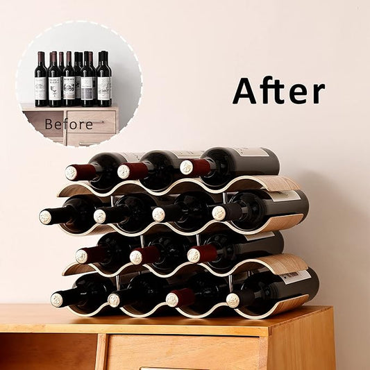 Countertop Wine Rack - 14 Bottle Freestanding Wine Bottle Holder Stand - 4 Tier Wooden Wine Storage Rack - Wavy Wine Organizer for Cabinet Pantry Home Kitchen Bar