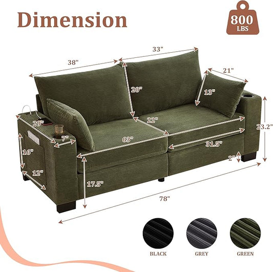 Eafurn 78" Corduroy Loveseat Sofa, Modern 2 Seater Couch with Dual Cup Holders & USB Charging Ports, Comfy Upholstered Small Sofa with Side Storage Pockets for Apartment, Living Room