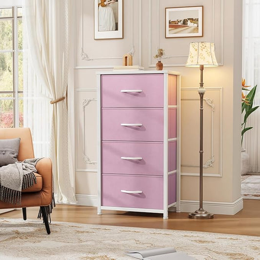 DWVO Storage Drawer with 4 Drawers - Pink Fabric Dressers, Dresser for Bedroom, Living Room, Closets - Sturdy Steel Frame, Wooden Top & Easy Pull Fabric Bins