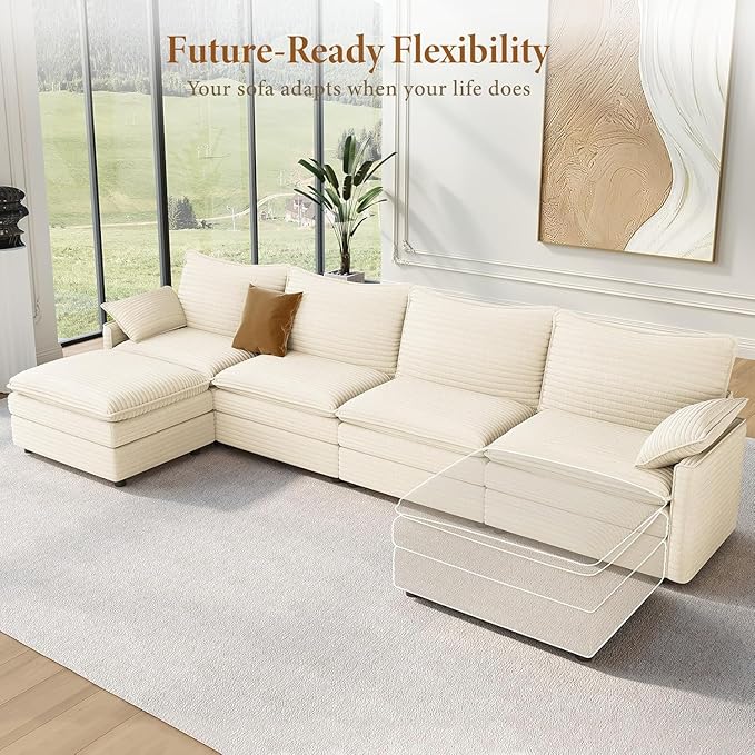 Vesgantti 142" Cloud Couch Sectional Modular Sofa, Comfy Sectional Couch with Ottoman Deep Seat Corduroy L Shaped Sofa, Modular Couches for Living Room, Bedroom and Apartment, Beige | Sink-in Comfort, Height Adjustable, Easy Rearrangement, Extra-deep O...