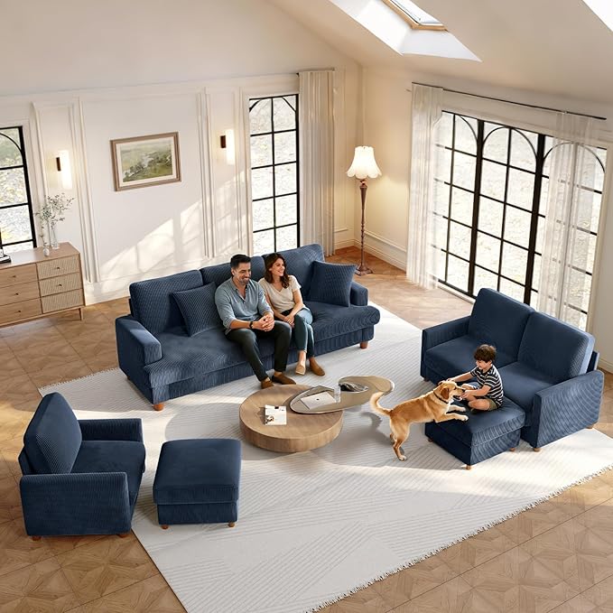 Welzona 87.2" Couches for Living Room, Comfy Sofa Set Tool-Free Setup, Corduroy Couch Set 7.5" Thicker Cushion, Accent Chair with Ottoman 848lbs Support, Sofas for Living Room Home Office, Blue