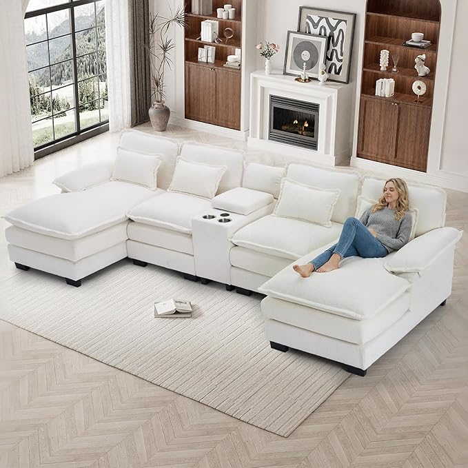 133" Oversized U Shaped Cloud Couch Modular Sectional Couches for Living Room Comfy Chenille Deep Seat Sofa Set with Double Chaise Lounge, Storage Central Console, Cup Holders, USB Port, Beige