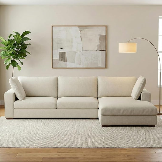 SIMPLIHOME Charlie Right-Facing Sectional Sofa in 100% Recycled Polyester Tightly Woven Performance Fabric, Cream, 122-inches Wide, Handcrafted Contemporary Style L-Shaped Couch with Chaise