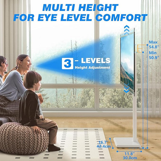 Rfiver Swivel Floor TV Stand with Mount for 28-60 inch TVs up to 88 lbs, Height Adjustable Tall TV Stand with Wood Base, Saving Space Design for Bedroom, Living Room and Corner, White