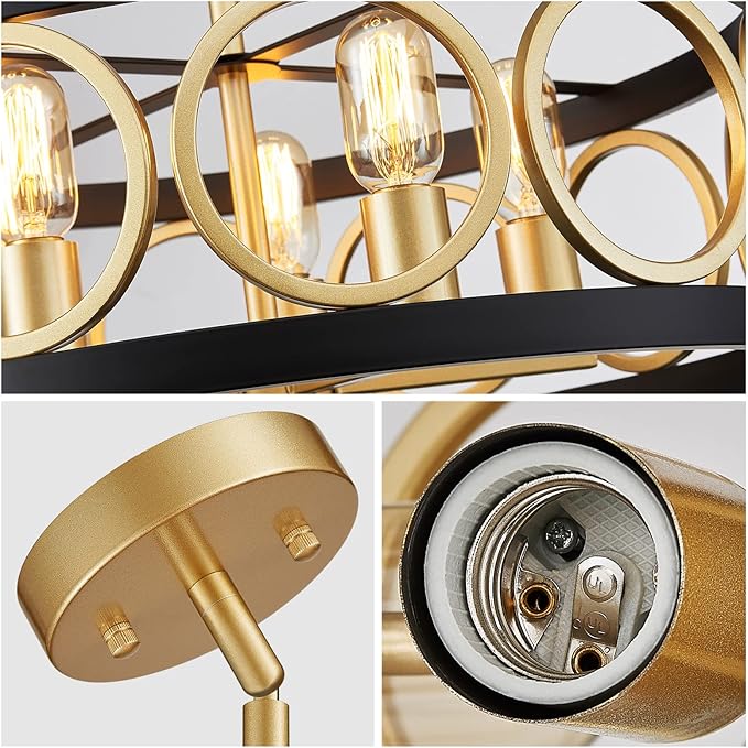 XINGQI 21.7'' Drum Chandelier, 5-Light Rustic Pendant Lighting Modern Farmhouse Chandeliers for Living Room Dining Room Bedroom, Black and Gold Finish Round Metal Ceiling Light Fixture