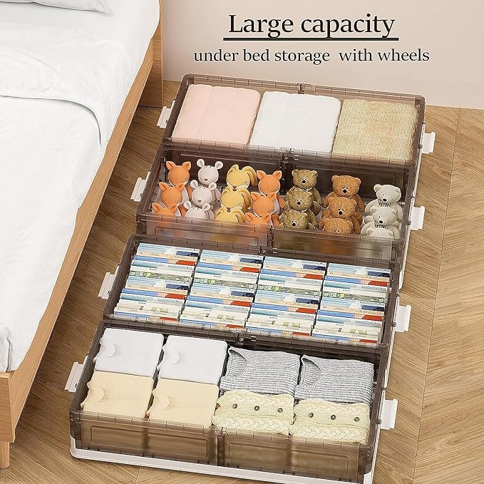 Under Bed Storage Containers - 3Pack, Stackable Under Bed Rolling Storage Plastic Containers, 11.5Gal Storage Bins with Wheels, Multi-purpose Storage Bins with Lids for Clothes, Shoes, And Duvets