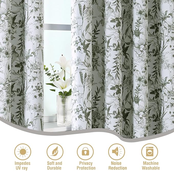 H.VERSAILTEX Blackout Curtains 84 Inch Length 2 Panels Set Floral Print Curtain Drapes for Living Room Thermal Insulated Grommet Window Curtains for Bedroom - French Jouy Flora in Sage