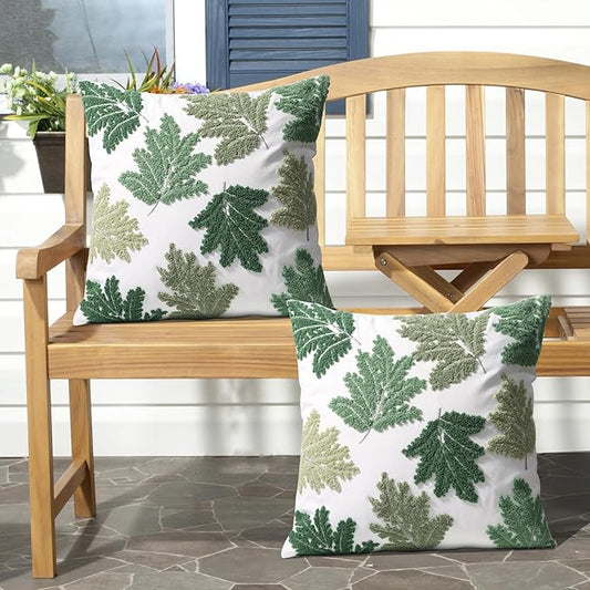 Set of 2 Embroidered Decorative Throw Pillow Covers Couch Square Pillowcases Cushion for Bedroom Sofa Farmhouse Decor 18x18 Inch (Green Maple Leaf)