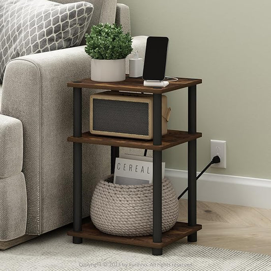 Furinno Just 3-Tier Turn-N-Tube USB and Type-C Charging Port End Table with Open Storage, 11.42 (W) x 8.82 (H) x 6.77 (D) inches, Amber Pine/Black