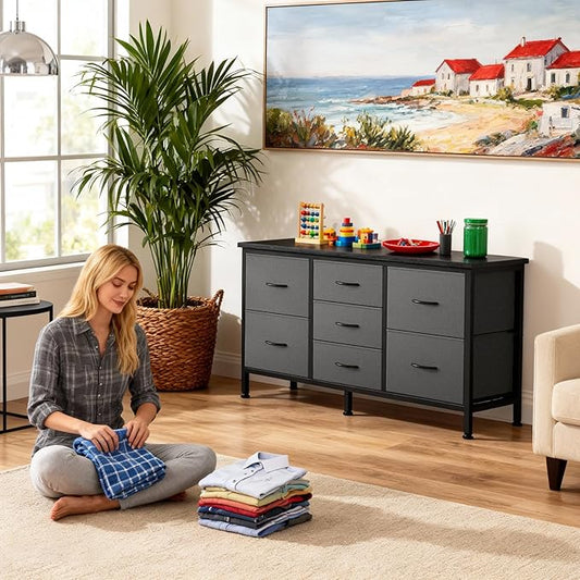 DUMOS TV Stand for Bedroom with Storage TV Stands for Living Room Grey, 7 Drawer Farmhouse Entertainment Center Media Console Table with Metal Frame Adjustable Feet
