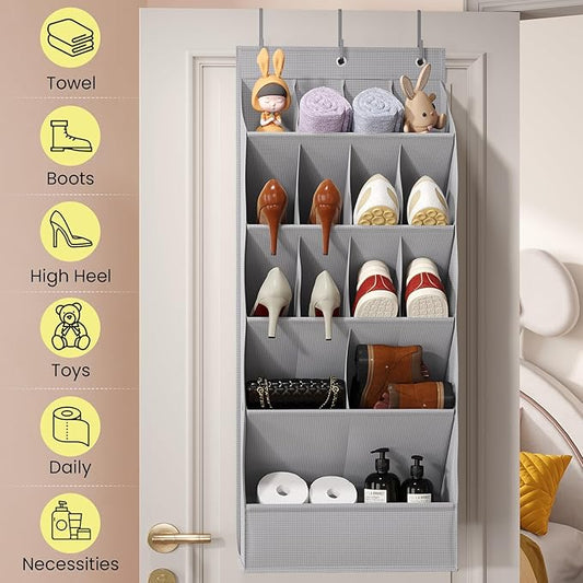 15 Pockets Over the Door Shoe Organizer, Shoe Rack for Closet Door with Large Breathable Pockets, Hanging Shoes Rack for Boots Size, Behind the Door Organizer Shoe Holder for Flexible Storage, Grey 
