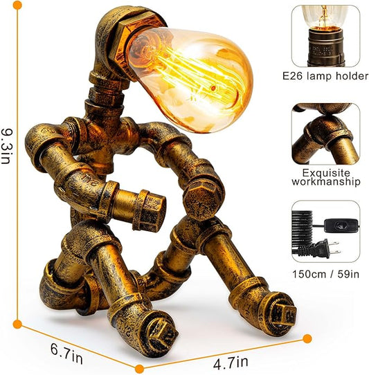 Steampunk Table Lamp, Vintage Industrial Metal Robot Table lamp, Water Pipe Table Lamp, Robot Style Desktop Light for Bedside Desk Bar Cafe Desktop Room Decoration