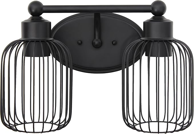 Elegant Designs VT1021-BLK 14" Industrial Farmhouse 2 Light Metal Birdcage Decorative Wall Mounted Vanity Fixture with Matching Metal Oval Backplate Vanity, Black