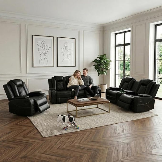 Power Recliner Sofa Set, Air Leather Reclining Couch with LED, 3 Pieces Reclining Living Room Furniture, Black Leather Sofa and Loveseat Chair for House/Apartment/Office
