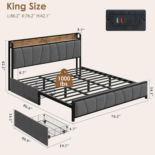 GAOMON King Size Bed Frame with 2 Storage Drawers and Charging Station, Rustic Linen Upholstered Platform Bedframe with Storage Headboard, No Box Spring Needed, Easy Assembly, Noise Free, Grey