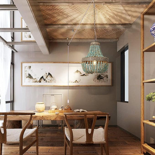 Newrays Wood Bead Chandelier Pendant Bohemian Boho Beachy Ceiling Lamp Light Fixtures (Gray Blue-Small Plug in, 13.58 in*15.74 in)