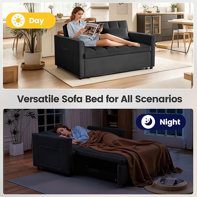 3 in 1 Convertible Sofa Bed, Loveseat Sleeper Sofa Bed with Side Pockets, Velvet Fabric Pull Out Couch with Adjustable Backrest for Living Room, Bedroom, Apartment, Black