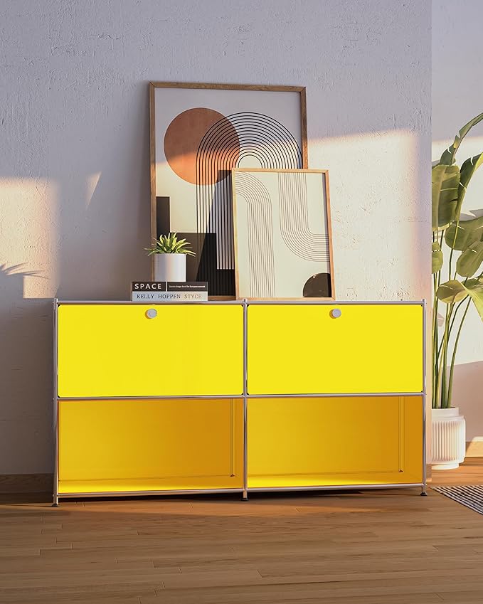 Metal Sideboard with 2 Flap Doors, DIY Modern Home Furnishing,Perfect for Home, Office, Kitchen, Hallway,Foyer Organization(Matt Yellow)