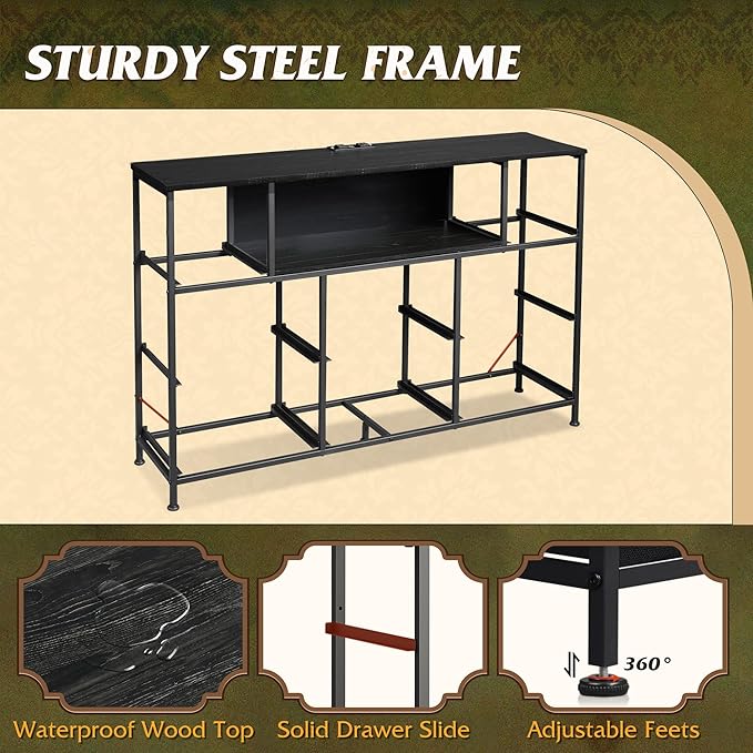 WLIVE Black Dresser TV Stand for 45, 50, 55 inch TV, Entertainment Center with LED Lights & Charging Station, Chest of Drawers with 8 Fabric Drawers and Open Shelves for Living Room, Hallway, Wood Top