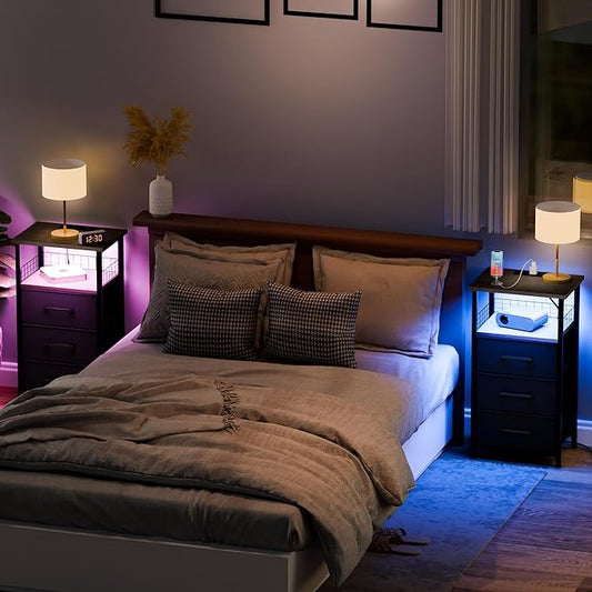 Night Stand Set 2 with Charging Station, End Table Set of 2 with 20 Colors LED Light Strip, 3 Fabric Drawers, Bedside Table with USB Ports and Outlets for Bedroom (Grey)
